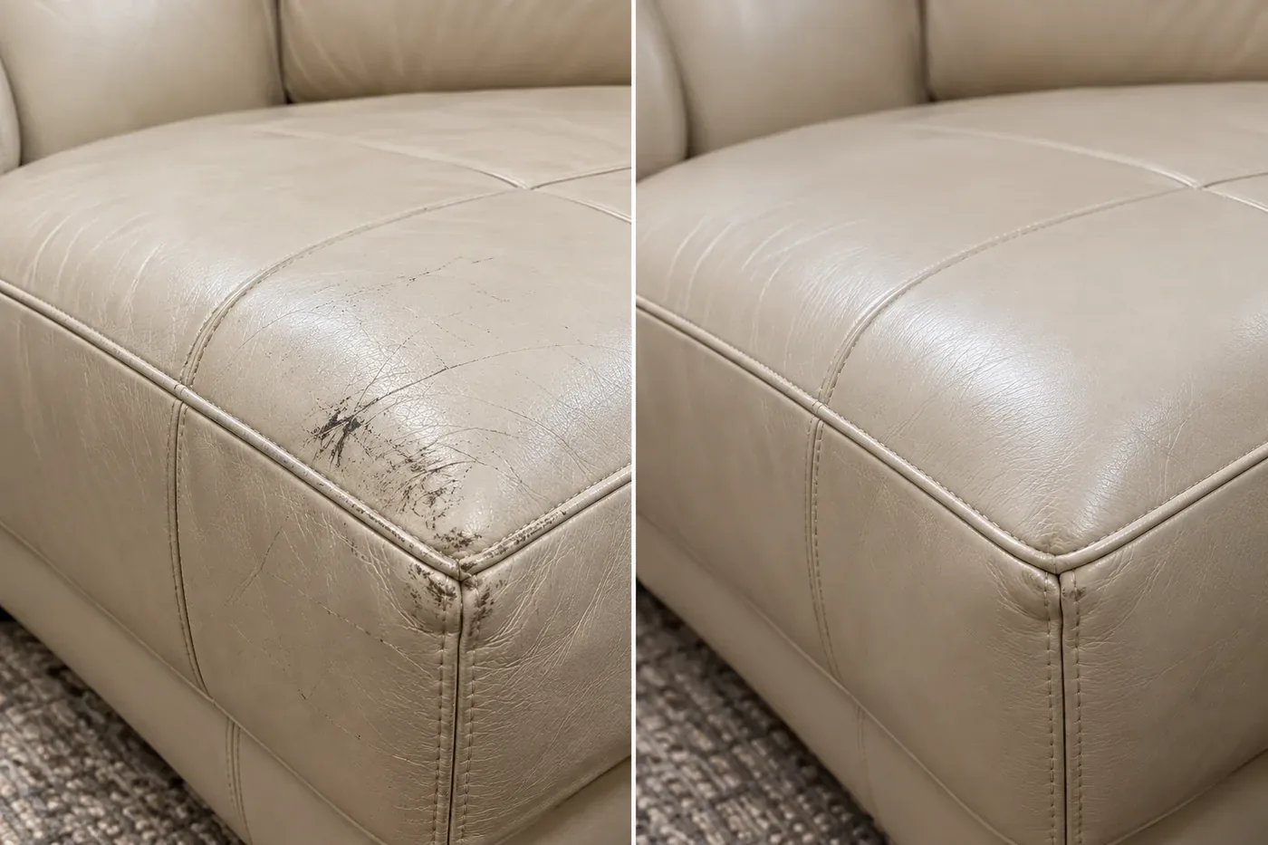 Cream cushion edge: scuffs & wear before and after repair
