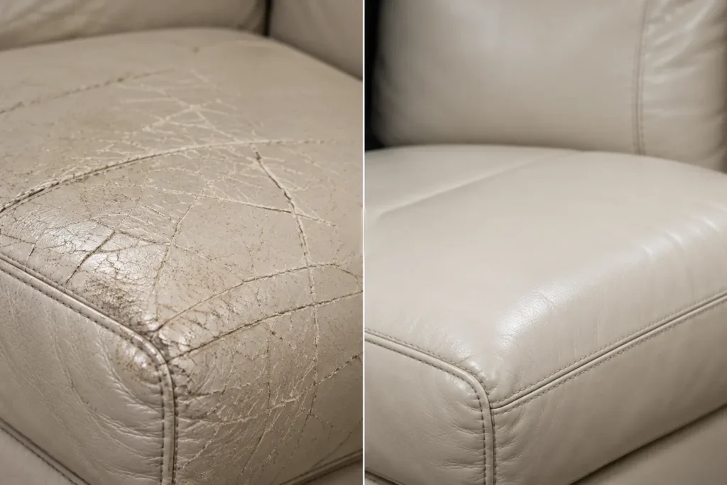 Cream leather seat before and after crack repair