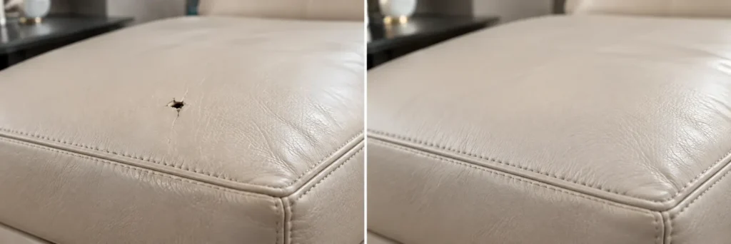 Cream leather ottoman puncture, before and after repair
