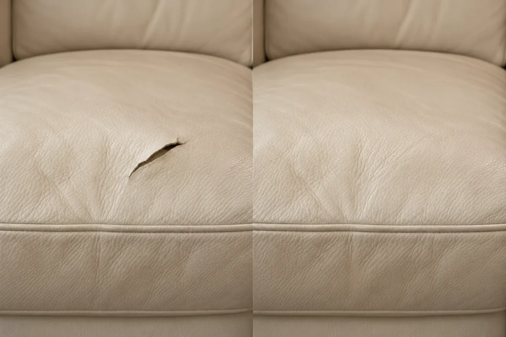 Torn cream leather seat cushion, before and after repair