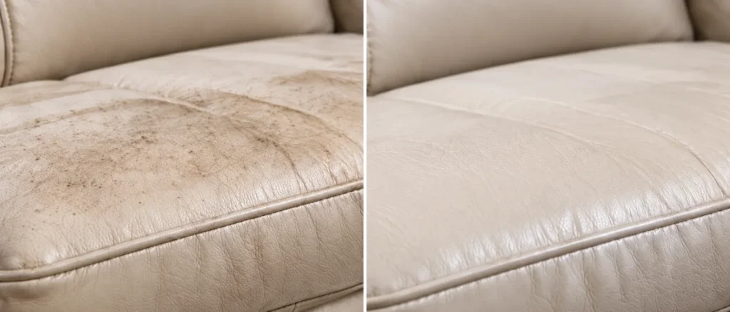 Cream leather seat cushion with surface soil, before and after cleaning and protection