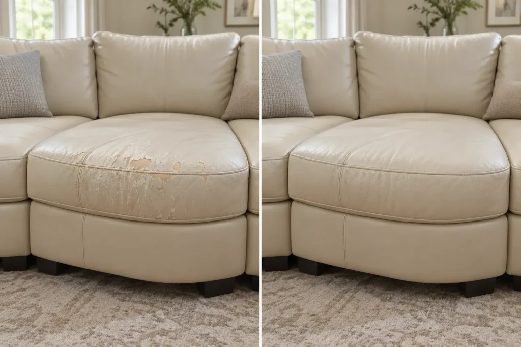 Cream leather sectional, before and after peeling repair
