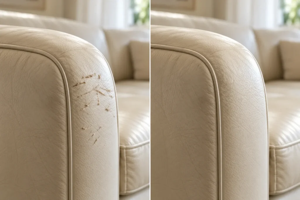Cream leather sofa arm, before and after cat scratch repair