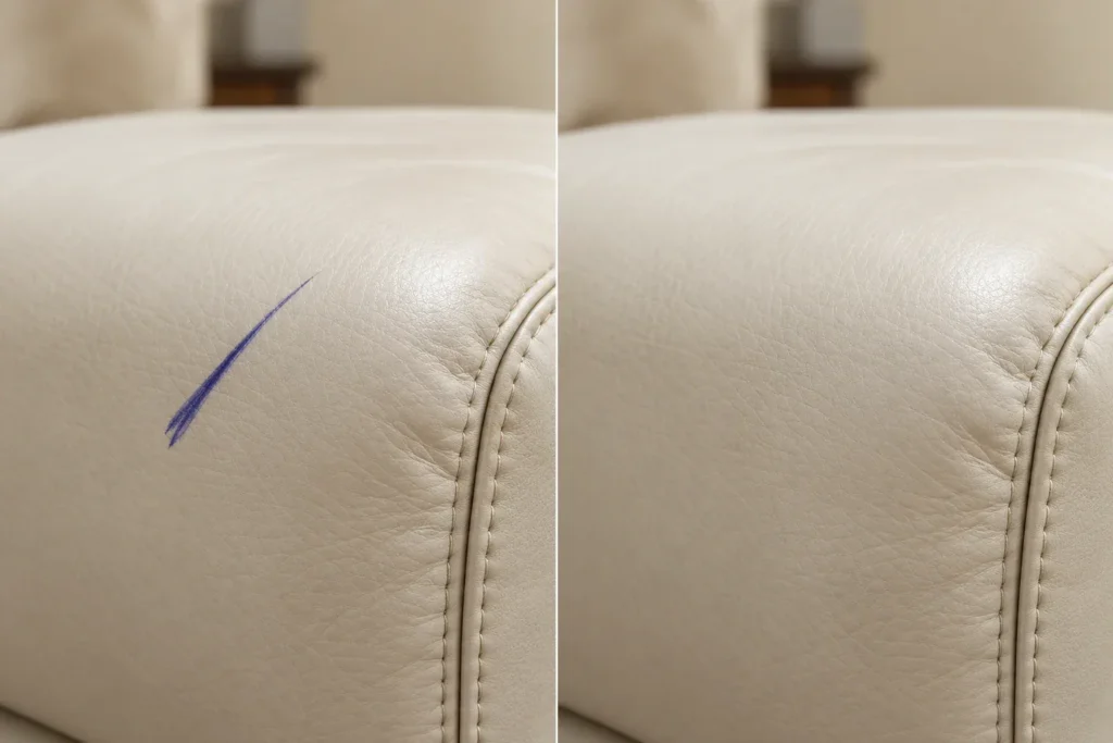 Ballpoint line on a cream leather sofa, before and after removal
