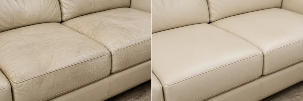 Soiled cream leather sofa, before and after color restoration