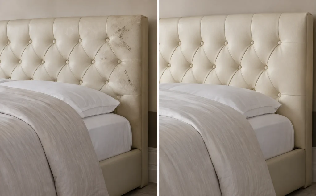 Cream tufted bed headboard before and after