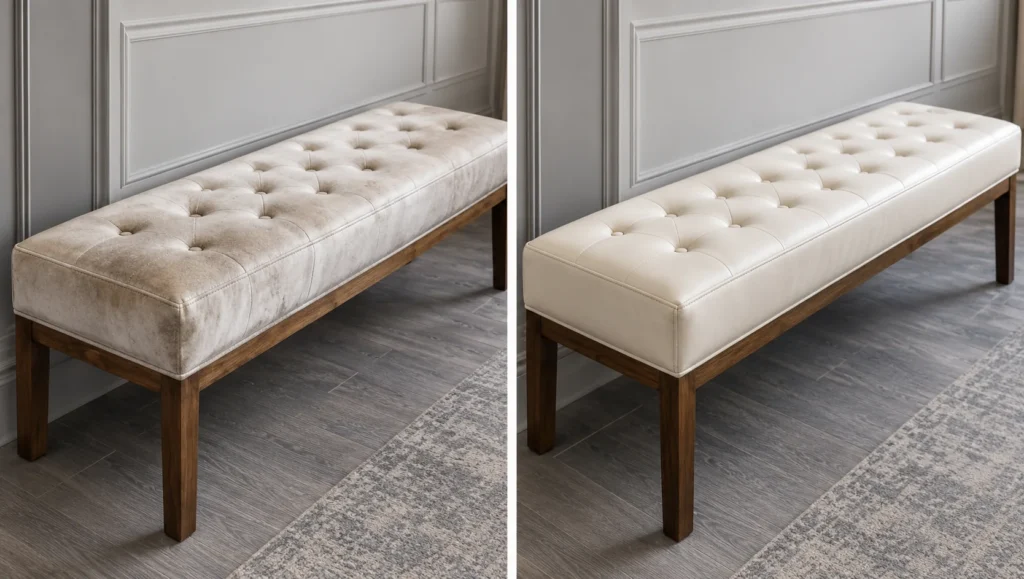 Cream tufted bench before and after