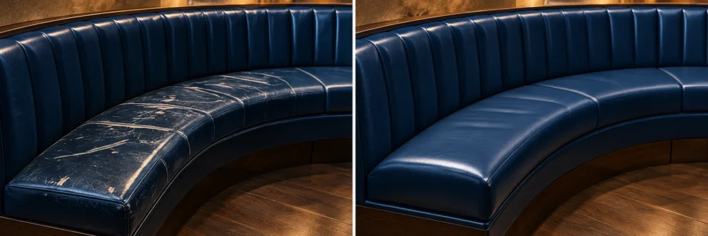 Curved navy booth before and after