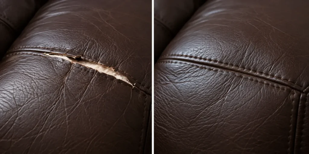 Dark brown leather seam before and after rip repair