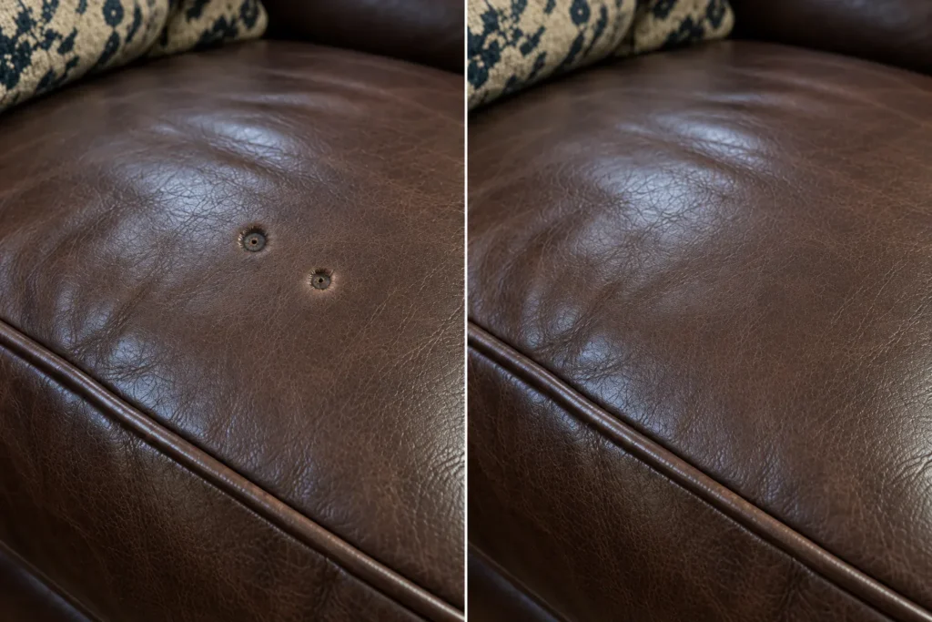 Dark brown leather sofa burns, before and after repair