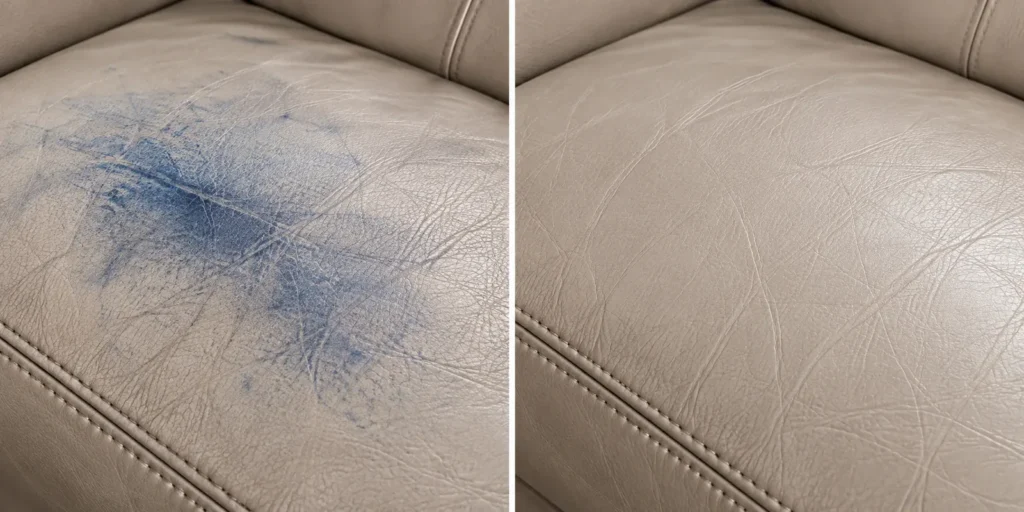Denim dye on a grey leather sofa, before and after removal