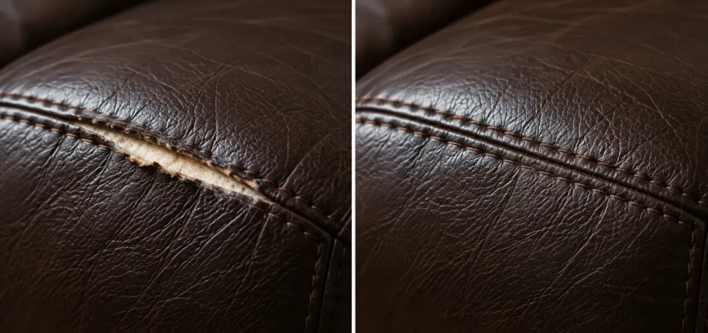 Espresso leather seam split before and after repair