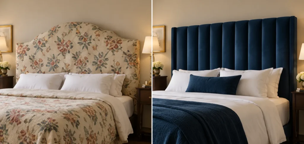 Before and after: a floral headboard redone in channeled navy velvet