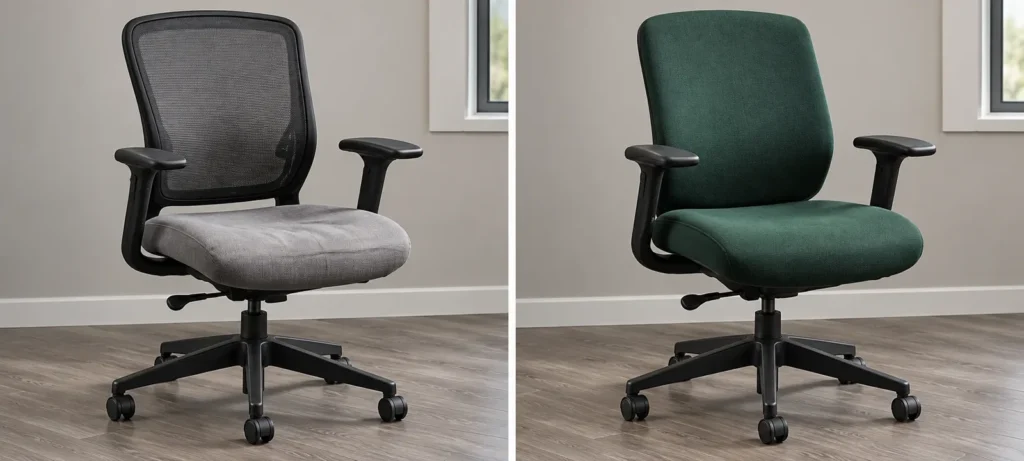 Silla de oficina retapizada en tela verde, antes y después