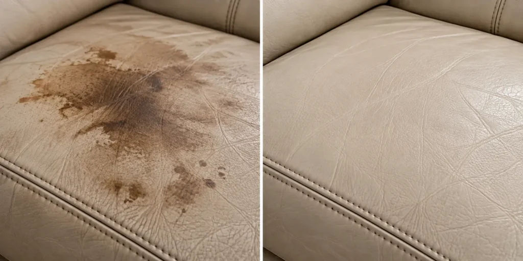 Food spill on a cream leather sofa, before and after removal