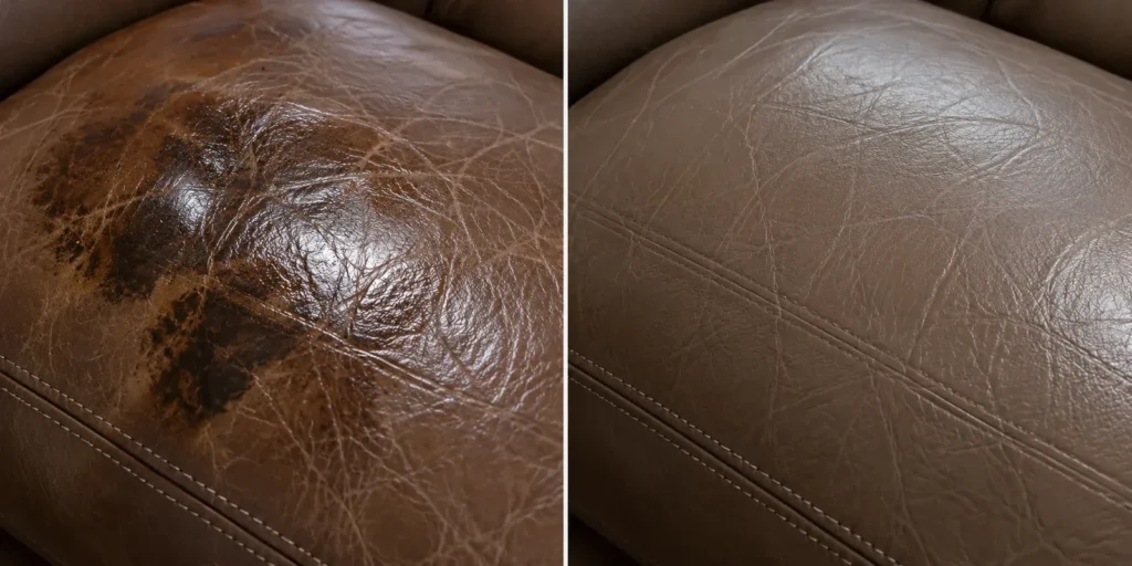 Grease stain on a brown leather sofa, before and after removal
