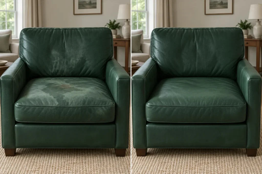 Green leather armchair with water marks, before and after repair