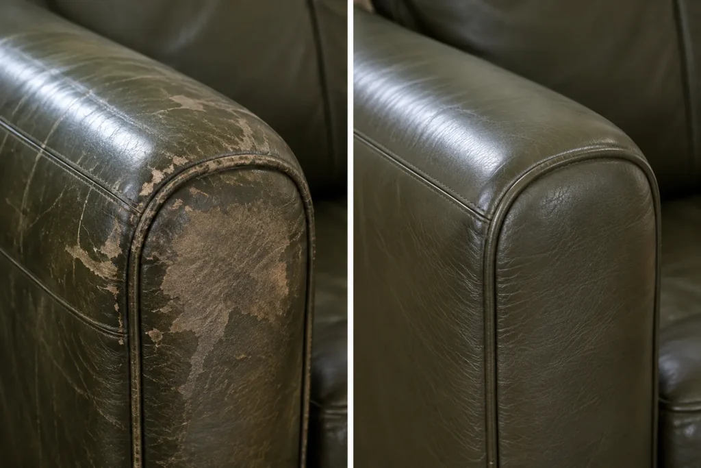 Green leather armrest with a worn-through panel, before and after repair
