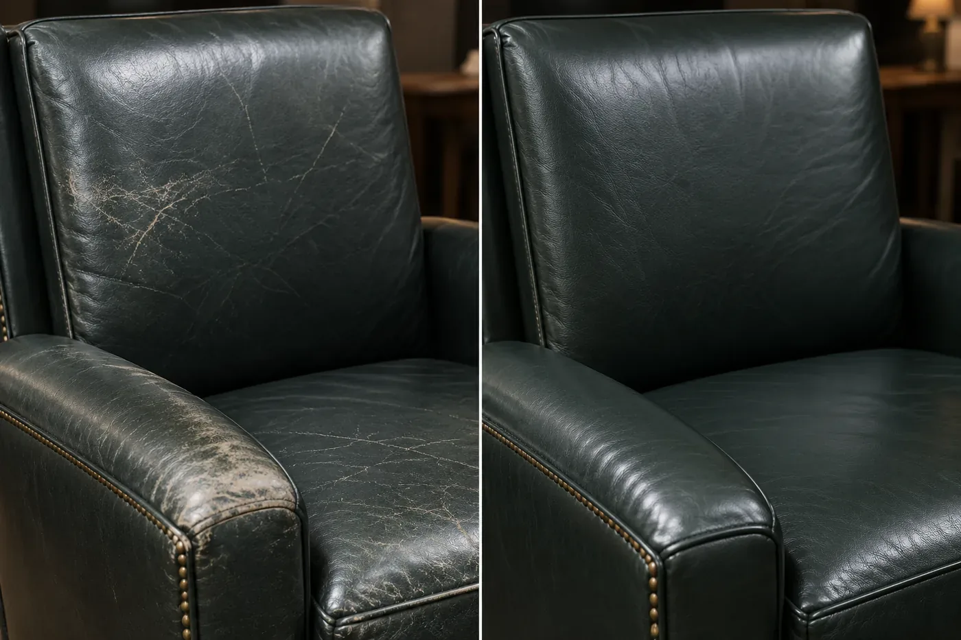 Green club chair, leather before and after: pale wear marks on the arms and back taken out of dark green leather