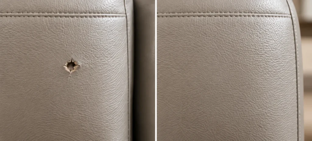 Greige leather cushion puncture, before and after repair