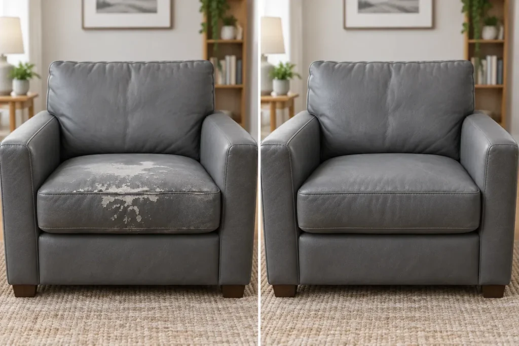 Grey leather armchair seat, before and after peeling repair
