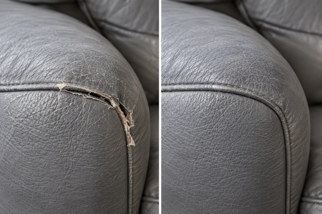 Grey leather armrest with an open seam, before and after repair