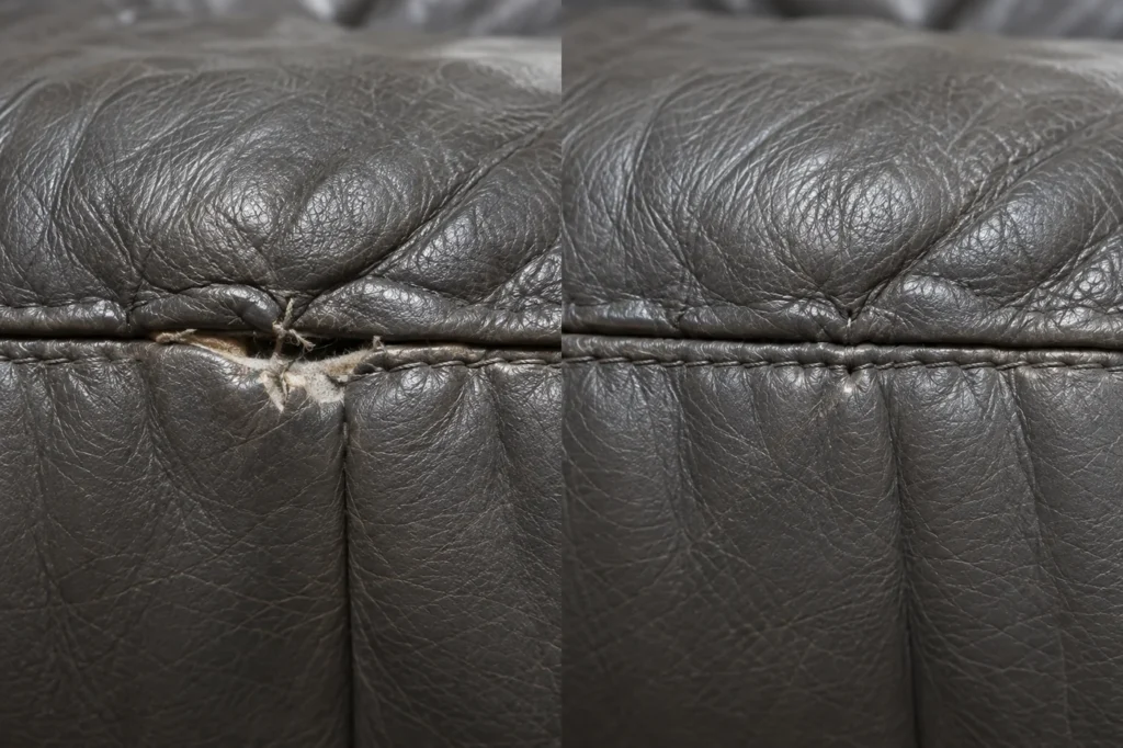 Grey leather cushion with a failed seam, before and after repair