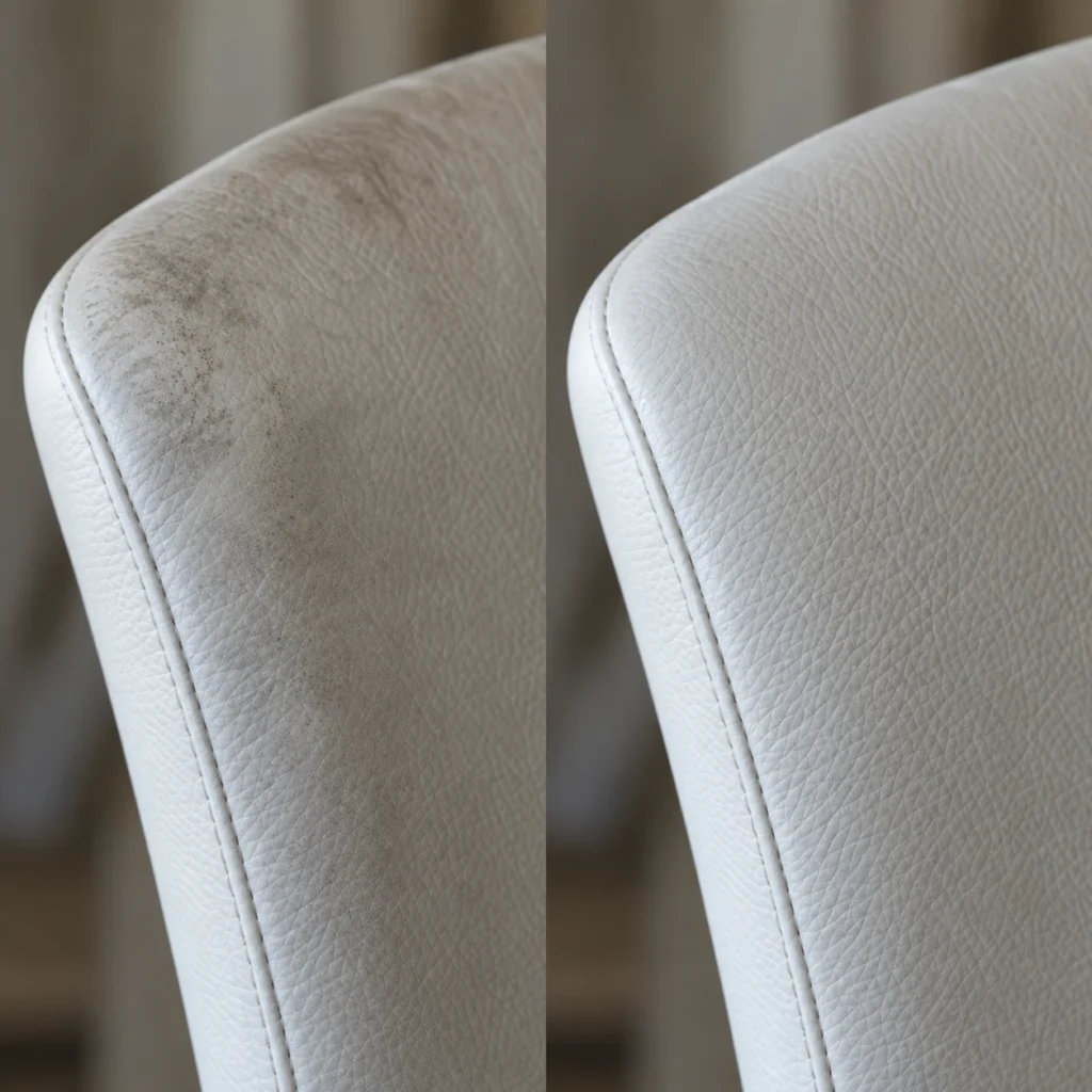 Pale grey leather dining chair with soiling, before and after cleaning