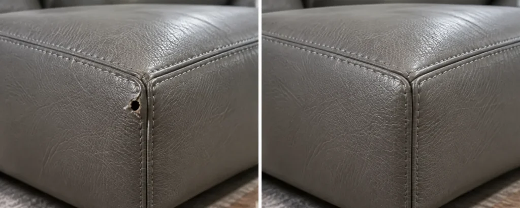 Grey leather ottoman corner hole, before and after repair