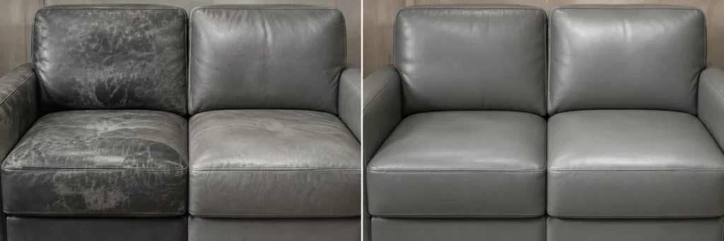 Worn grey leather sofa, before and after color restoration