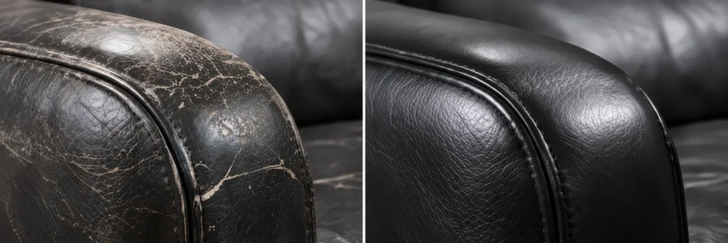 Brazo de sofá negro, de agrietado a restaurado, antes y después