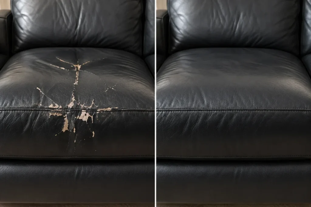 Costura de sofá negro que se pelaba, antes y después