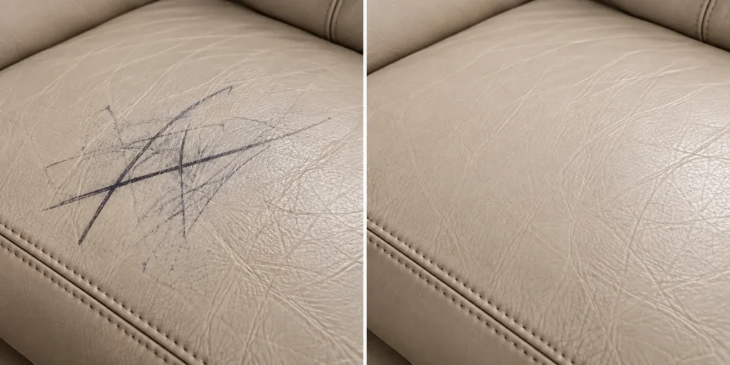 Ink marks on a beige leather sofa, before and after removal