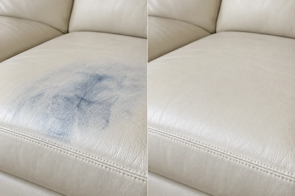 Blue denim on an ivory leather cushion, before and after