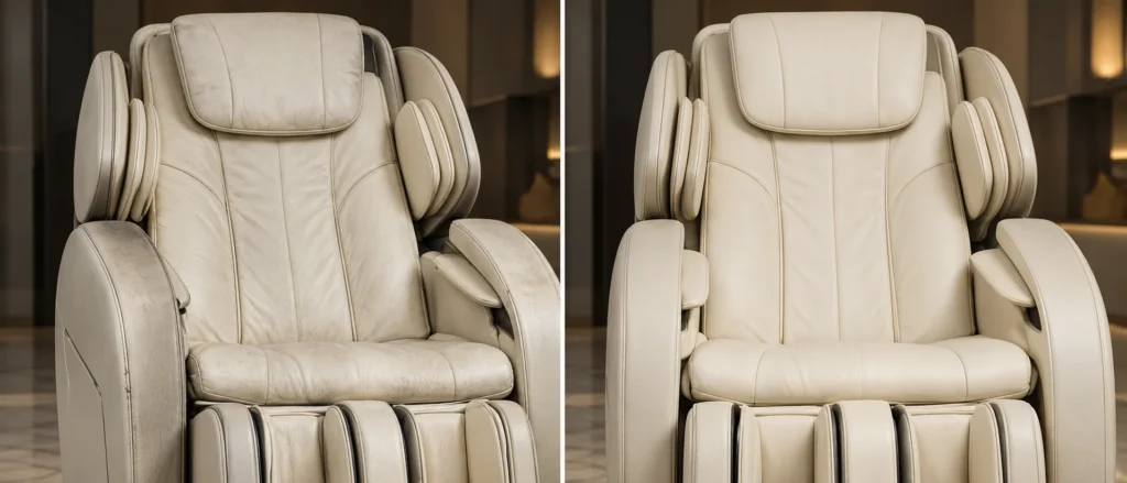 Stained ivory massage chair cover, before and after restoration