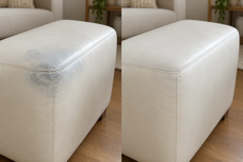 Blue-grey dye on an ivory leather ottoman, before and after