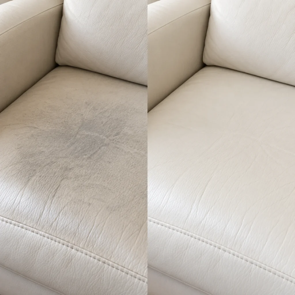 Ivory leather sofa seat with grey grime, before and after cleaning