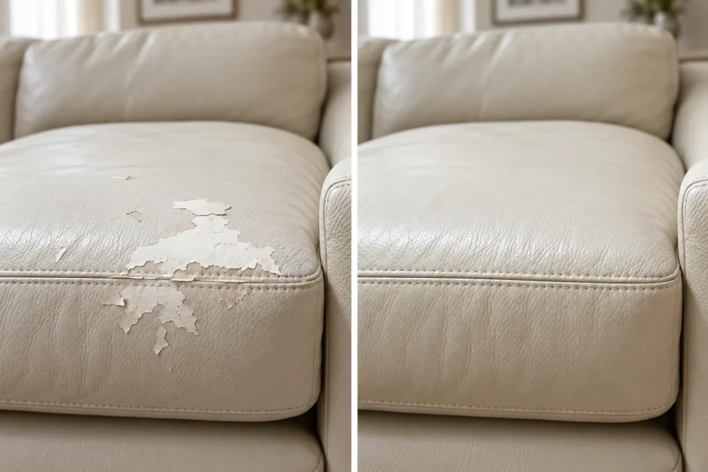 Ivory leather sofa cushion, before and after peeling repair