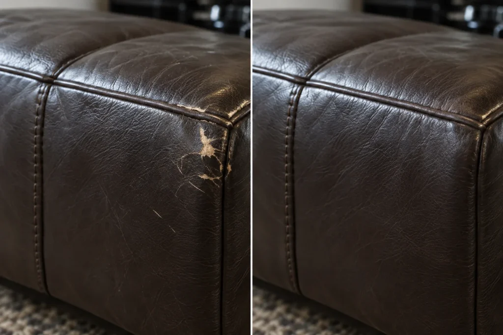 Esquina café con una rasgadura de uñas, antes y después