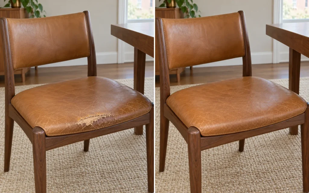 Tan leather dining chair seat, before and after repair