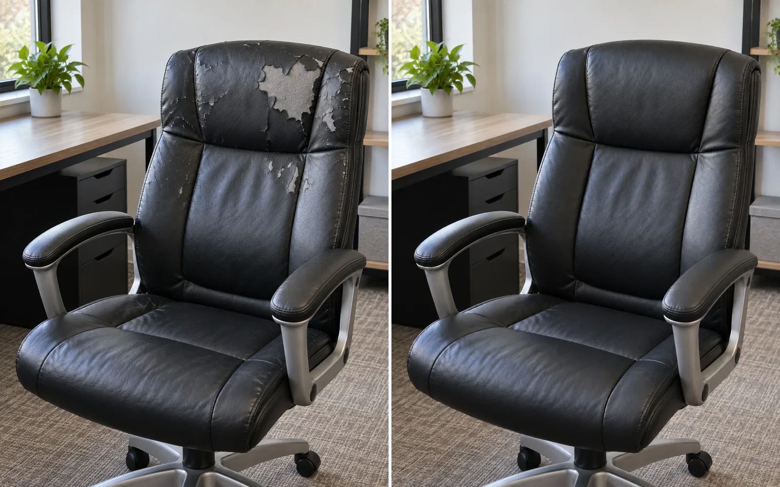 Office chair, leather before and after: peeling finish on the back and headrest stripped and redone in black