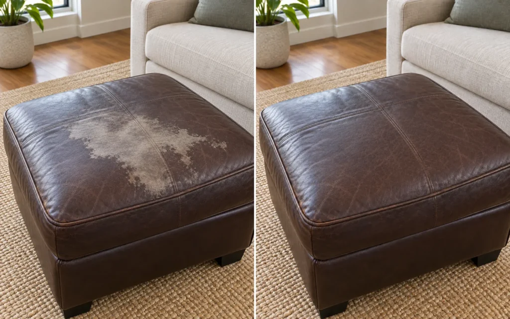 Brown leather ottoman with a stain, before and after