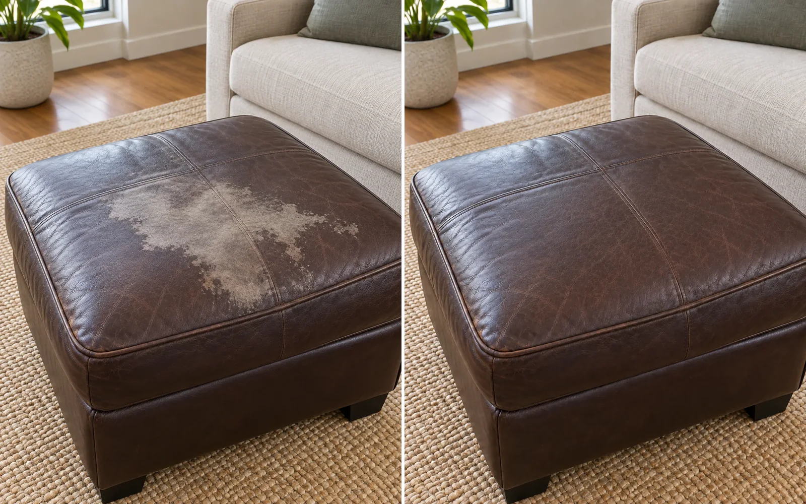 Ottoman, leather before and after: a large pale stain on a brown top, cleaned out and color-matched