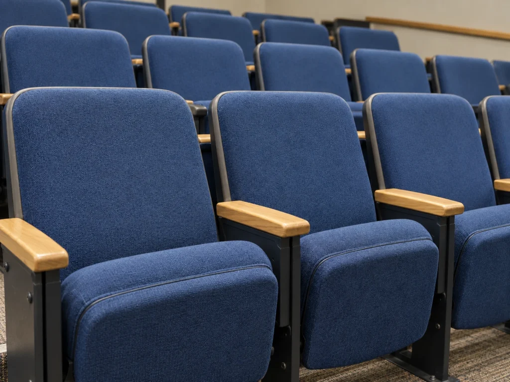 Blue lecture hall seats after reupholstery