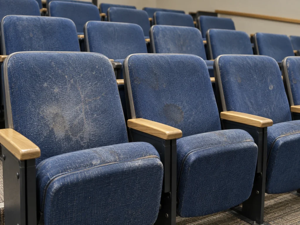 Stained blue lecture hall seats before reupholstery