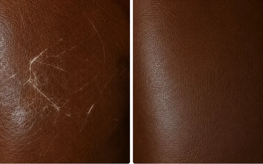 Light surface scratches on brown leather before and after repair