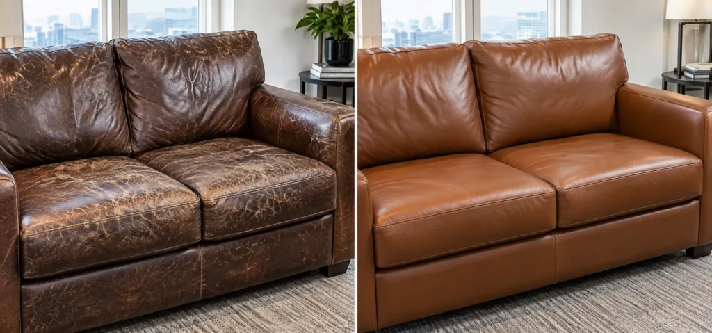 Flaking loveseat recovered in cognac leather, before and after