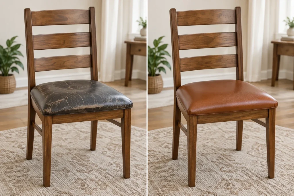Silla de comedor de respaldo de escalera en cuero tostado, antes y después