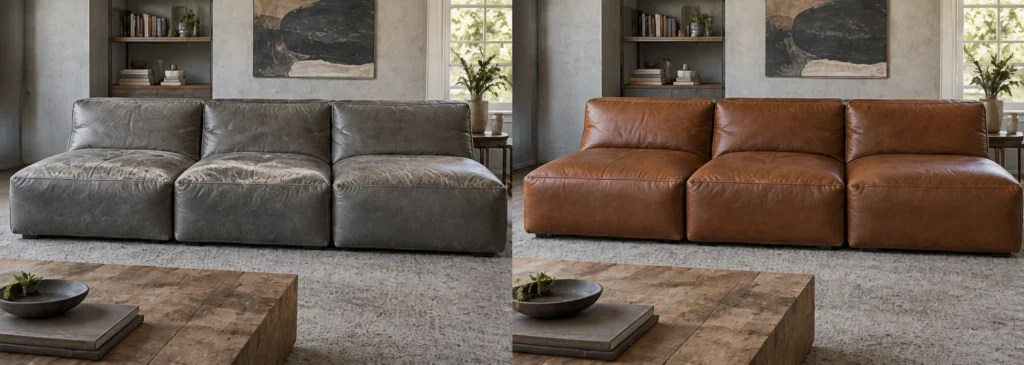 Grey modular sofa recovered in cognac leather, before and after