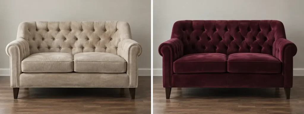 Beige loveseat recovered in tufted burgundy velvet, before and after